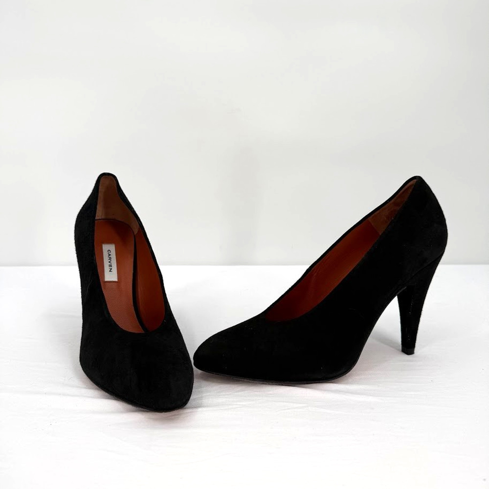 Carven Black Suede Pumps EU 37 US 6.5 Pointed Toe Heels Made in Spain Leather